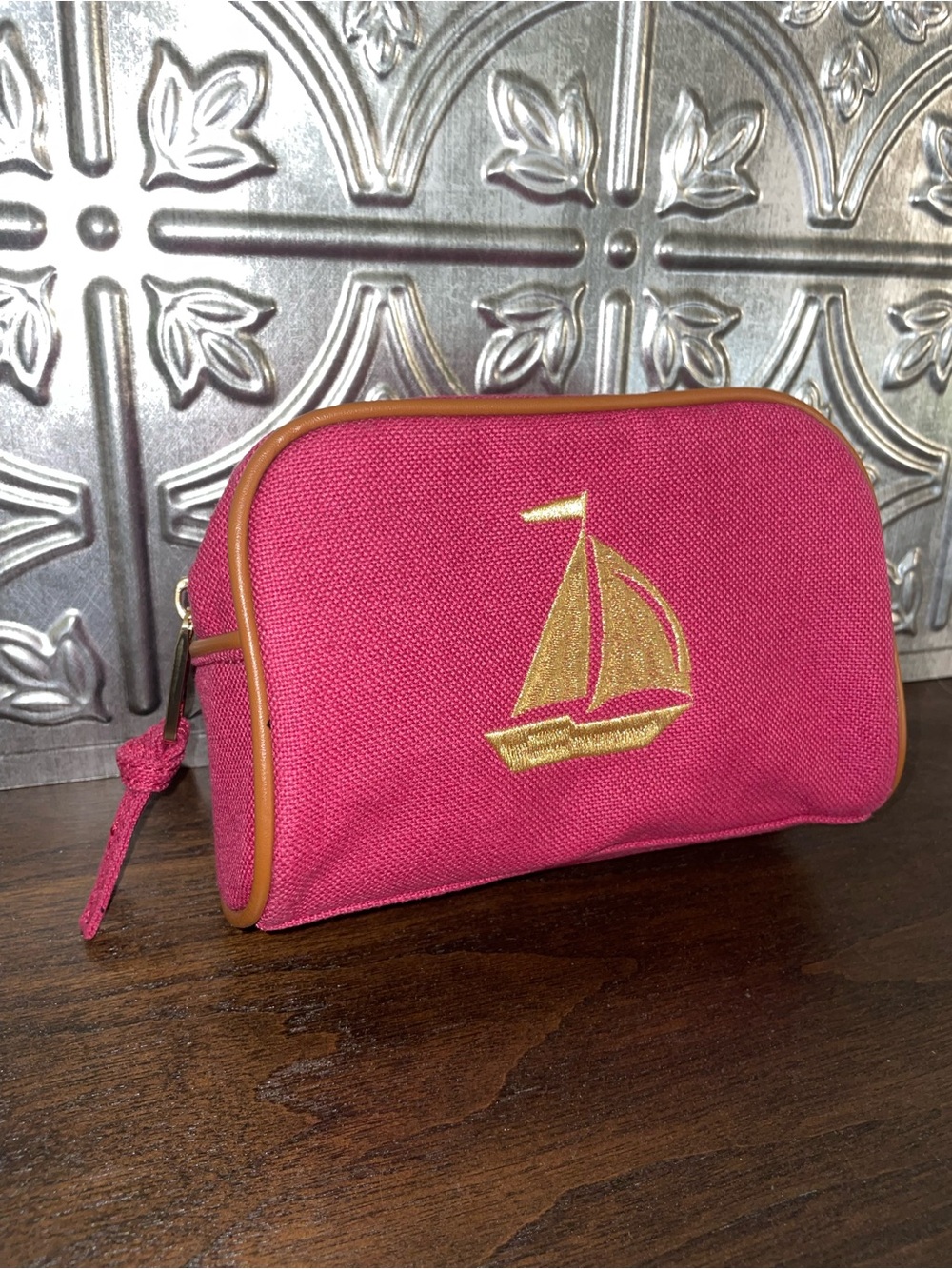 Spartina Pink Canvas Cosmetic travel Pouch with Gold Sailboat Embroidery